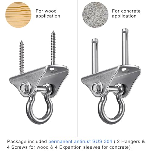 SELEWARE Heavy Duty Swing Hangers Stainless Steel Swing Hooks Ceiling Mount Swing Hardware for Porch Swing Set Hammock Chair Heavy Bag Yoga Silk 2 Pack - color: 180° Swing Hanger ( 2 Pack )