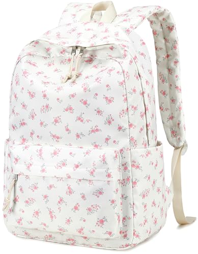 Bluboon School Backpack for Teen Girls Women Laptop Backpack College Bookbags Middle School Travel Work Commuter Back Pack - color: Pink Rose Flower Beige Base 312
