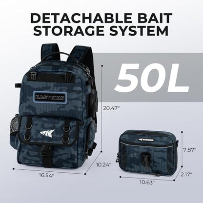 KastKing BaitSpace Fishing Tackle Backpack with Removable Bait Binder,2 Rod Holders Storage Fishing Gear and Equipment - color: G: Blue Camo（Without tackle box）