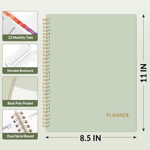 SUNEE Academic Planner 2026-2027 – Weekly & Monthly Planner, July 2026 to June 2027, 8.5"x11", Thick Paper, Tabs, Pockets, Bookmark, Spiral-Bound, Student Teacher Organizer, Sage Green - color: Green