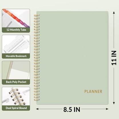 SUNEE Academic Planner 2026-2027 – Weekly & Monthly Planner, July 2026 to June 2027, 8.5"x11", Thick Paper, Tabs, Pockets, Bookmark, Spiral-Bound, Student Teacher Organizer, Sage Green - color: Green