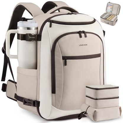 LOVEVOOK 50L Travel Backpack for Women & Men,Airline Approved Carry On Backpack with 3 Packing Cubes,TSA Waterproof Personal Item Bag, Weekender Overnight Essentials Backpacks fits 20" Laptop - color: Brown/Light Pink, size: 50L-4PCS