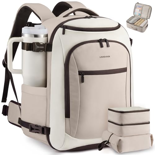 LOVEVOOK 50L Travel Backpack for Women & Men,Airline Approved Carry On Backpack with 3 Packing Cubes,TSA Waterproof Personal Item Bag, Weekender Overnight Essentials Backpacks fits 20" Laptop - color: Brown/Light Pink, size: 50L-4PCS