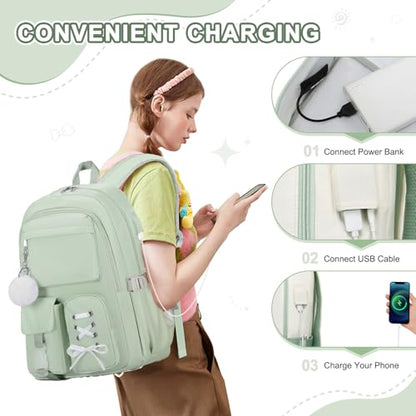 Scothen Backpacks for Girls, Girls Backpack with Lunch Box & Pencil Pouch for Teens Girl Kids Elementary Middle High School College Student Bookbag Daypack Laptop Travel Backpack for Women - color: Beige Green