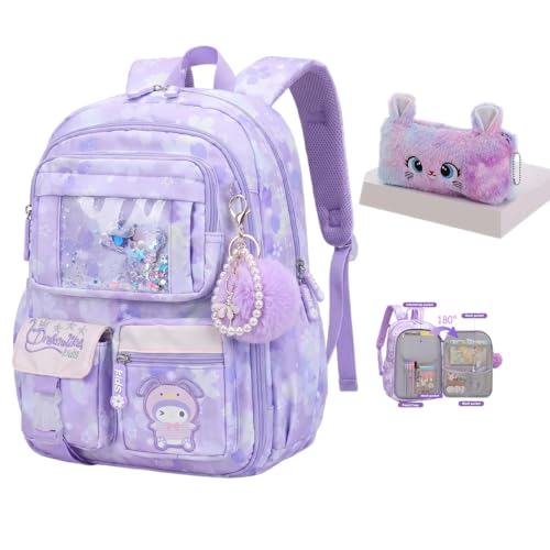 Lovely Kawaii Kids School Backpack For Girls – Splash-Proof Book Bag for Kids & Students, Multi-Pocket Children's School Bag, 17 Inch Purple Backpack - color: Purple