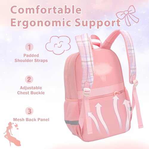 Alrisg Girls School Backpack Preppy Plaid Bookbag Lightweight Backpack for Girls Elementary Middle School Bow Pink - color: Pink, size: 17in
