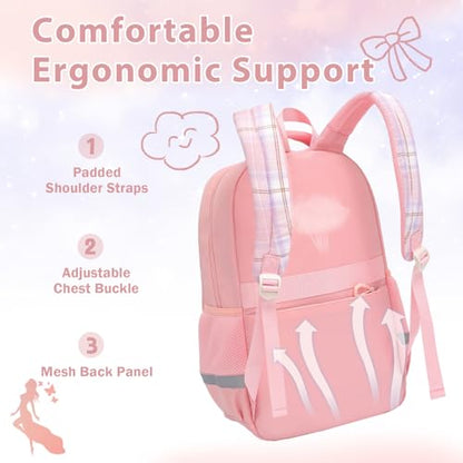 Alrisg Girls School Backpack Preppy Plaid Bookbag Lightweight Backpack for Girls Elementary Middle School Bow Pink - color: Pink, size: 17in