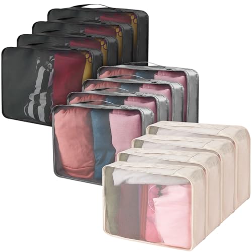 Silkfly 12 Pcs Packing Cubes for Suitcase Travel Luggage Bags Bulk Mesh Organizer Set for Hiking Camping Backpacking Clothes Accessories(Black,Gray,Beige) - color: Black,Gray,Beige, size: XL