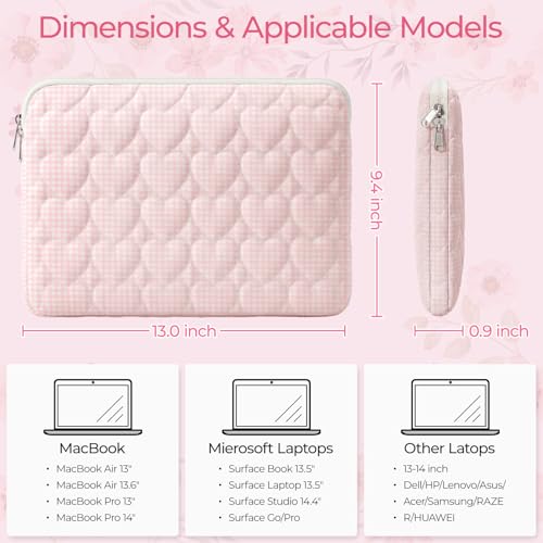 13-14 inch Cotton Quilted Laptop Sleeve for Women, Aesthetic Puffy Laptop Case Carrying Bag Compatible with MacBook Air/Pro 13/Pro 14, Soft Computer Liner Bag (Pink Gingham, 13.3inch) - color: Pink Gingham, size: 13.3 inch
