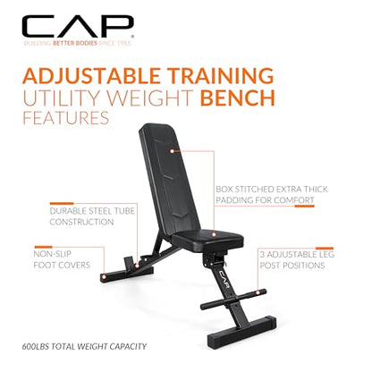 CAP Barbell Adjustable Training Utility Weight Bench | Foldable Multi-Position Incline/Flat Bench with 6 Backrest Settings, Thick Padding & 600 LB Capacity | Home Gym Workout Bench