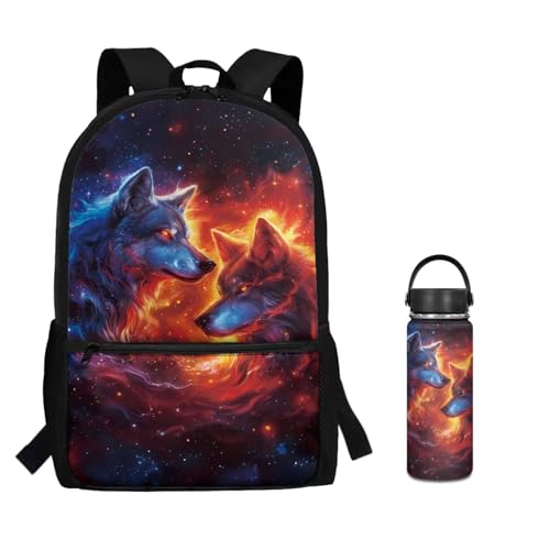 ZOUTAIRONG Boys Backpack and Cute Mini Thermos, Flaming Wolf Design Fashion Casual Backpack with Side Pockets 2 Piece School Bag Set for School Travel - color: Flaming Wolf