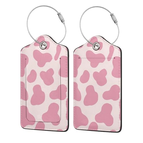 2 Pack Luggage Tags for Suitcases, PU Leather Bag Tag with Privacy Cover Address Card Travel Essentials-Pink Cow Print - color: Pink Cow Print