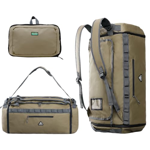 Haimont Duffel Backpack Bag 50L Water Repellent Sports Gym Bag Foldable Men Women with Shoe Compartment for Travel Hiking Camping Outdoor, Upgrade, Khaki - color: Khaki
