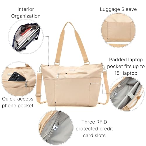 Baggallini Essential Laptop Tote - Work Tote Bag with Laptop Sleeve - Lightweight Travel Crossbody Shoulder Bag for Women - color: Light Khaki