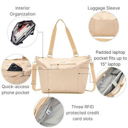 Baggallini Essential Laptop Tote - Work Tote Bag with Laptop Sleeve - Lightweight Travel Crossbody Shoulder Bag for Women - color: Light Khaki