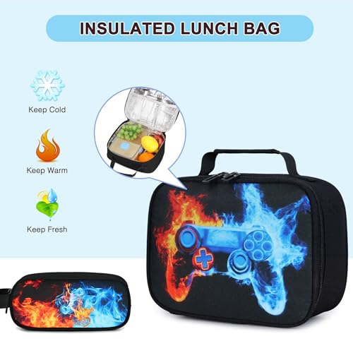 Scothen 3PCS Boys Backpack Set, Cool Backpack for Boys with Lunch Bag & Pencil Case, Kids School Bag Teen Boy Bookbag for Kindergarten Elementary Middle School with USB Charging Port - color: Red & Blue Flame