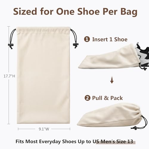 Merkfo 8-Pack Shoe Bags for Travel, One Shoe Per Bag, Fits Size 13 | Soft Drawstring Fabric Bags | 17.7 x 9.1 in | For Suitcase Packing, Gym Bags, and Closet Storage