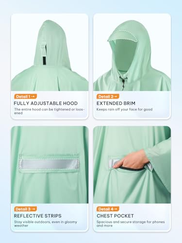 SaphiRose Extra Thick Hooded Rain Poncho Double Layer Waterproof Raincoat Jacket for Men Women Adults - color: Sage Green