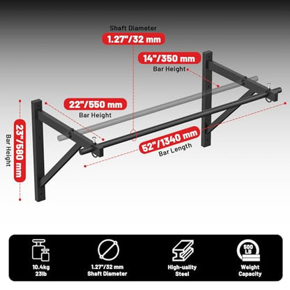 PAPABABE Wall Mounted Pull Up Bar, Chin Up Bar, Strength Training Pull-Up Bars Chin Up Bars for Home Gym - style: 52 inch