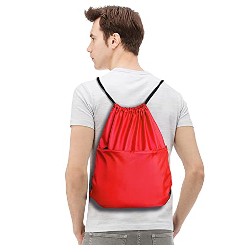 Drawstring Backpack Sports Water Resistant String Bag Sport Gym Sackpack for Women Men Large with Zipper, Red - color: Red