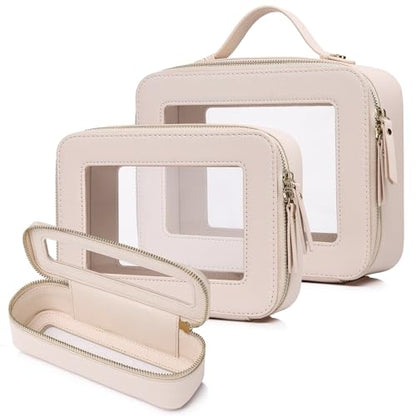 Travel Makeup Set Waterproof Transparent Cosmetic Bag and Toiletry Bag Makeup Brush case with Zipper Car Essentials for Women (Beige, L+M+SLIM) - color: Beige, size: L+M+Slim