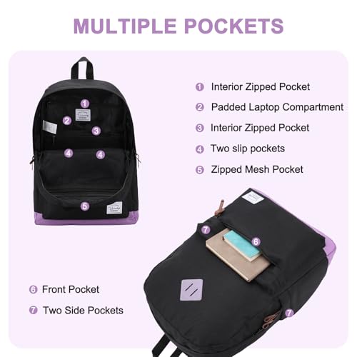 Backpack for Men Women,VASCHY Classic Water-resistant Lightweight Travel School Backpack Casual Daypack - color: Black Purple