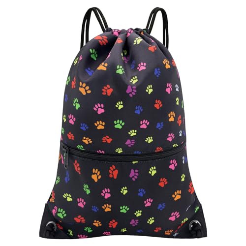 HOLYLUCK Drawstring Backpack Bag Sport Gym Sackpack - color: Black Dog Paw Prin