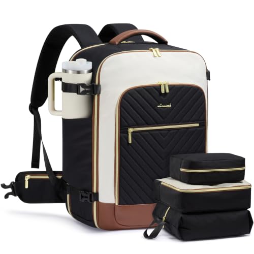 LOVEVOOK Large Travel Backpack for Women, TSA Carry on Backpack for Airplanes, 40L Personal Item Travel Bag for Women fits 17" Laptop,Waterproof Carry on Bag Airplane Approved with 3 Packing Cubes - color: Black - Beige - Brown, size: 56L-4Pcs