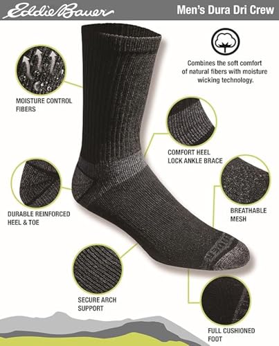 Eddie Bauer Men's Dura Dri Moisture Control Crew Socks (6 & 12 Packs) - color: Black (6 Pairs)