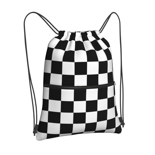 Checkerboard Drawstring Bags, Outdoor Sports Black White Race Cinch String Bag, Waterproof Gym Drawstring Backpack, Men Women Large Capacity Cinch Sackpack with Zippered Pocket - color: Checkerboard