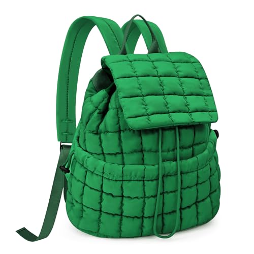 Quilted Puffer Backpack for Women Lightweight Soft Puffy Backpack Purse Casual Daily Drawstring Flap Daypack (Dark Green) - color: Dark Green