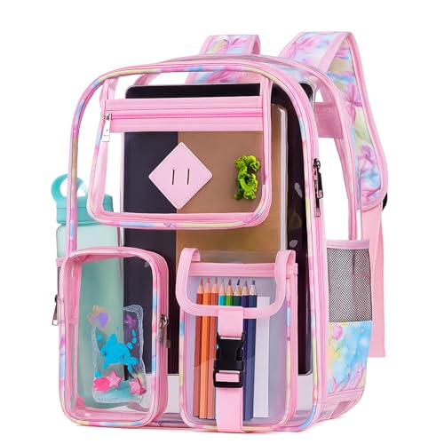 Clear Backpack-Heavy Duty PVC clear backpack for Stadium/Travel/Work,Dual Zippered Compartments&Mesh Side Pockets (pink) - color: Pink