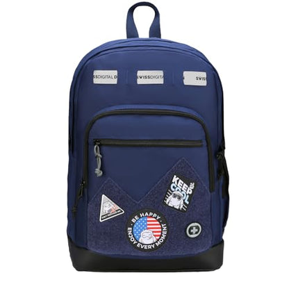Swissdigital Design Big Student Laptop Backpack with Fun Personalized Patches For College Men & Women, Middle High School Teen Bookbag Cool Travel Daypack Blue -Includes 3 Patches | SD1718-12 - color: Dark Blue