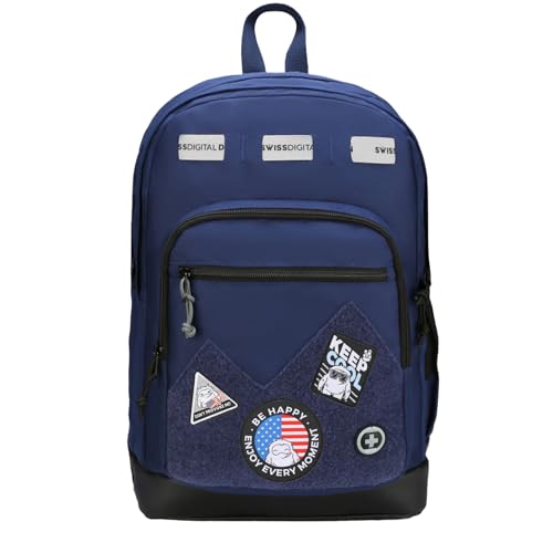 Swissdigital Design Big Student Laptop Backpack with Fun Personalized Patches For College Men & Women, Middle High School Teen Bookbag Cool Travel Daypack Blue -Includes 3 Patches | SD1718-12 - color: Dark Blue