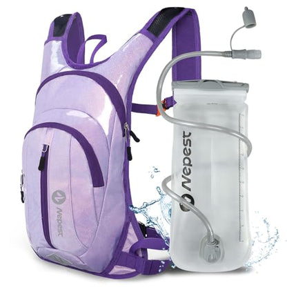 Nepest Hydration Pack Backpack for Women & Men, Lightweight Water Backpack with 2L Water Bladder for Hiking Cycling Running Biking - color: Holographic - Purple