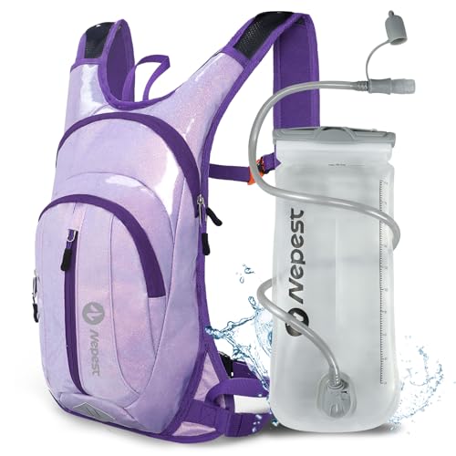 Nepest Hydration Pack Backpack for Women & Men, Lightweight Water Backpack with 2L Water Bladder for Hiking Cycling Running Biking - color: Holographic - Purple