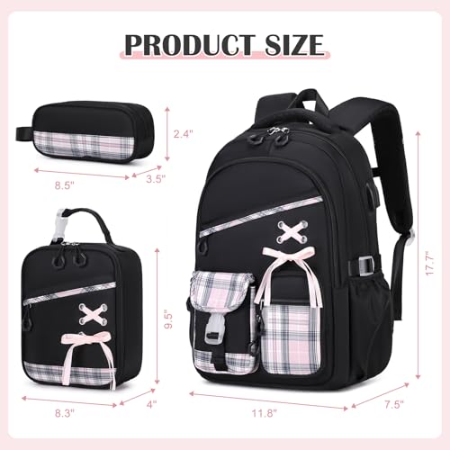 DIGOBAY Backpacks for Girls - 3PCS Girls Backpack with Lunch Box & Pencil Pouch Plaid School Backpacks for Elementary Middle High College School Bookbag for Teen Girl Kids Students Blackpink - color: Blackpink