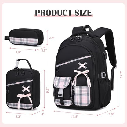 DIGOBAY Backpacks for Girls - 3PCS Girls Backpack with Lunch Box & Pencil Pouch Plaid School Backpacks for Elementary Middle High College School Bookbag for Teen Girl Kids Students Blackpink - color: Blackpink