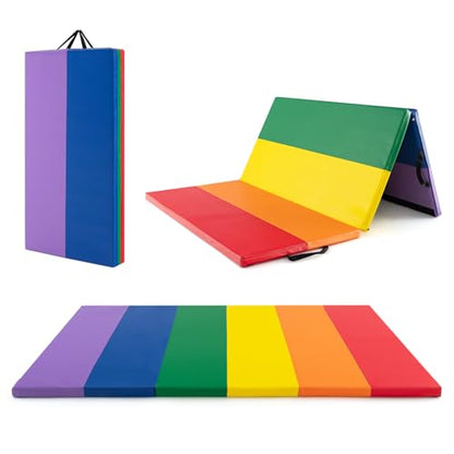 GYMAX Gymnastics Tumbling Mat, 6FT x 4FT Folding Thick Exercise Mat with Carrying Handles, Hook & Loop Fasteners, PU Leather Cover for Yoga, Stretching, Martial Arts