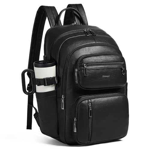 Vegan Leather Backpack, TSA Travel Backpack for Men and Women, Fits 17.0 Inch Laptop with Luggage Strap, Black - color: Black