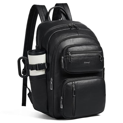 Vegan Leather Backpack, TSA Travel Backpack for Men and Women, Fits 17.0 Inch Laptop with Luggage Strap, Black - color: Black