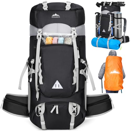 IGOLUMON 60L Hiking Backpack Waterproof Camping Backpack with Rain Cover Large Lightweight Backpacking Backpack for Men Women - color: Black