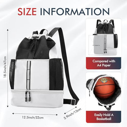 PinCute Drawstring Gym Bag for Men/Women - Mesh Beach Swim Bags Sports Backpack with Wet Pocket&Shoe Compartment, Lightweight - color: White