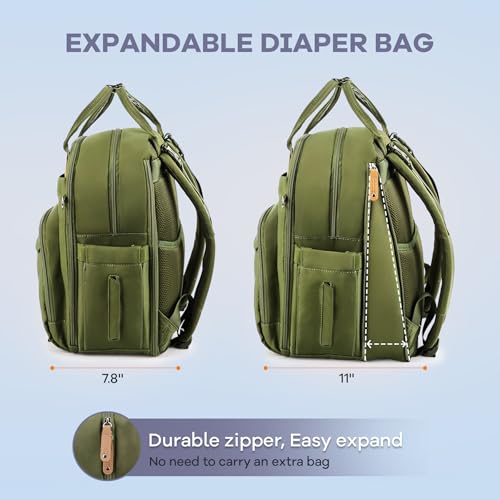 RUVALINO Diaper Bag Backpack-Expandable Baby Bag with up to 50% Capacity -Baby Essentials Bag with Changing Pad Insulated Bottle Holders & Pacifier Case, Waterproof, Army Green XL - color: Army Green