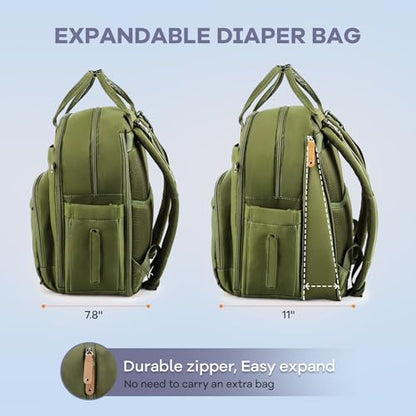 RUVALINO Diaper Bag Backpack-Expandable Baby Bag with up to 50% Capacity -Baby Essentials Bag with Changing Pad Insulated Bottle Holders & Pacifier Case, Waterproof, Army Green XL - color: Army Green