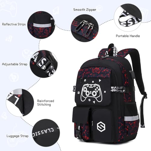 Scothen Boys Backpack, Cool Luminous School Backpacks for Boys with Lunch Bag Pencil Case, Kids Backpack Kindergarten Elementary Middle School Book Bags for Teen Boy Children with USB Charging Port - color: Red Pattern