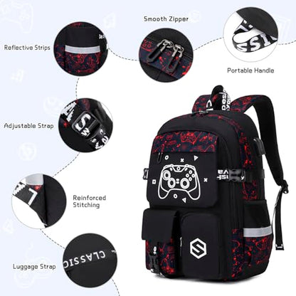 Scothen Boys Backpack, Cool Luminous School Backpacks for Boys with Lunch Bag Pencil Case, Kids Backpack Kindergarten Elementary Middle School Book Bags for Teen Boy Children with USB Charging Port - color: Red Pattern