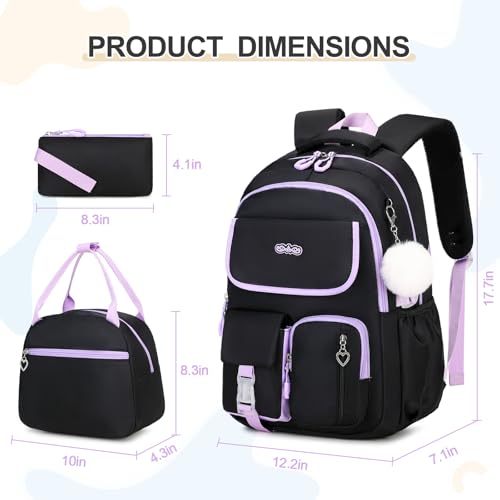 DIGOBAY Backpacks for Girls, 3PCS School Backpack with Lunch Box Pencil Pouch for Teen Girls Children Elementary Primary Middle High College Daypack School bag Bookbag Set（Black-Purple） - color: Black-purple