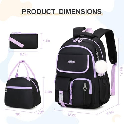 DIGOBAY Backpacks for Girls, 3PCS School Backpack with Lunch Box Pencil Pouch for Teen Girls Children Elementary Primary Middle High College Daypack School bag Bookbag Set（Black-Purple） - color: Black-purple