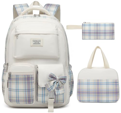 Teen Girl School Backpack with Lunch Box, Cute Bookbag with Laptop Compartment for Big Student Women College Mochilas Escolares para Niñas, Beige - color: Beige, size: 15.6in-3 pack